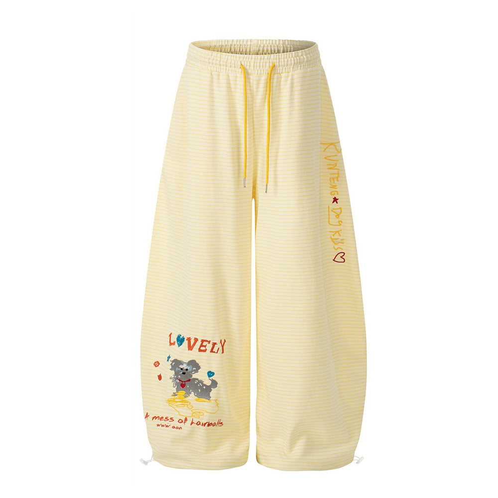 Playful Striped Balloon-Leg Sweatpants with Dog Graphic