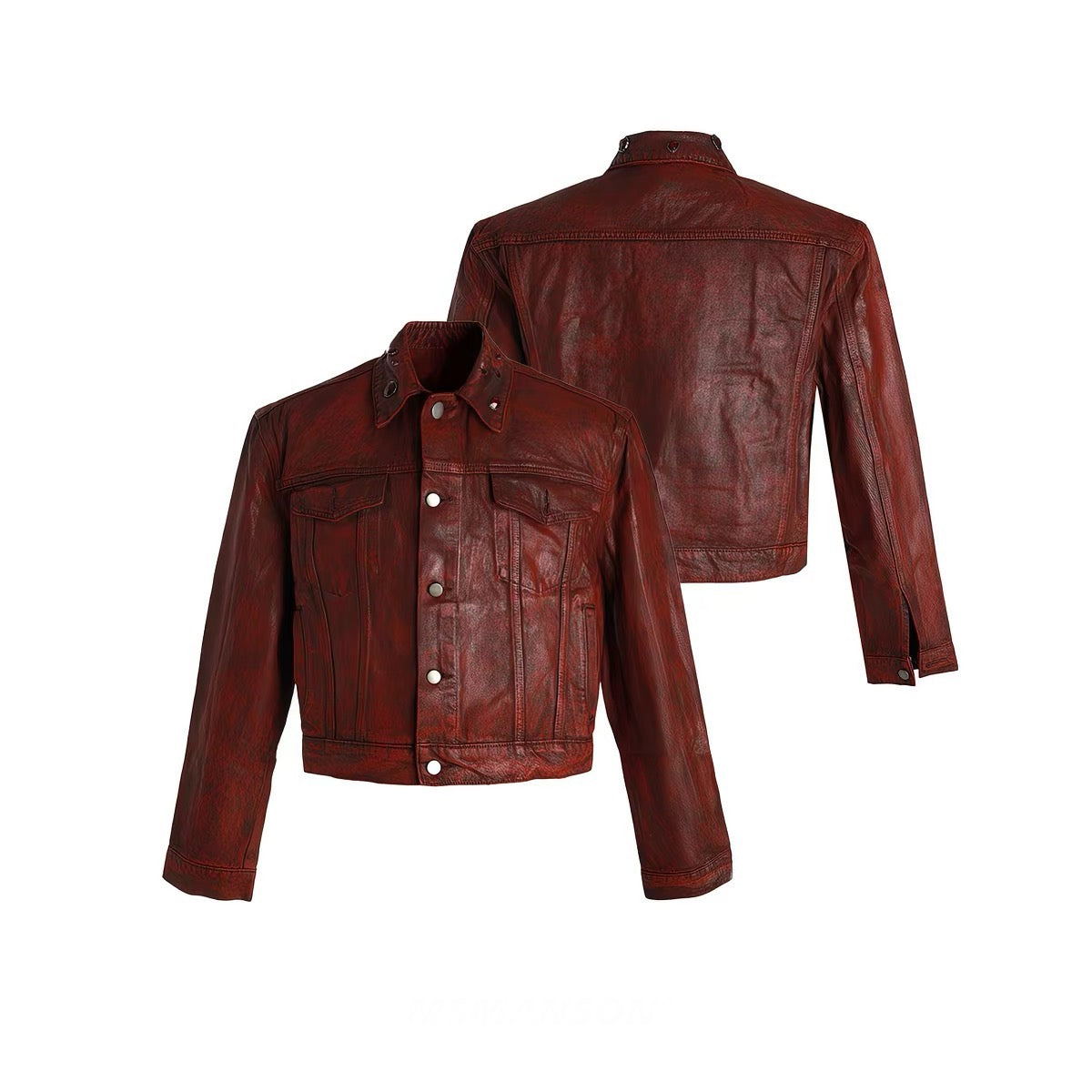 Front and back view of a cropped burgundy washed leather trucker jacket with snap buttons and jewel collar studs