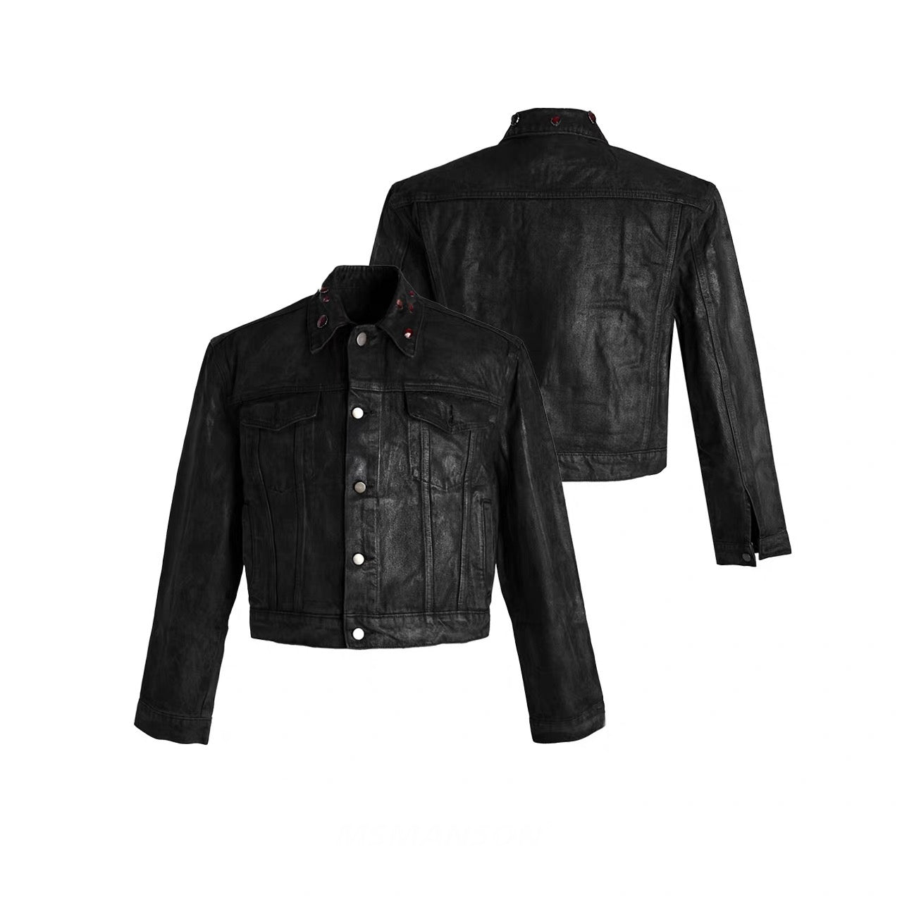Black cropped trucker jacket with red jewel-embellished collar, shown from front and back on white background