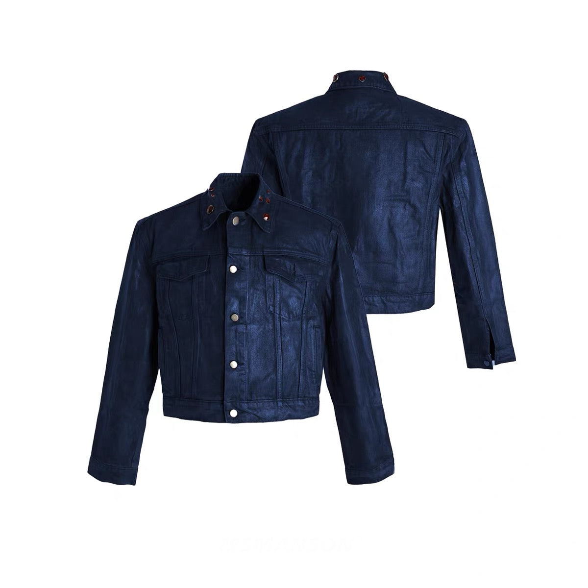 Front and back view of a cropped indigo denim jacket with red jewel-embellished collar and silver buttons