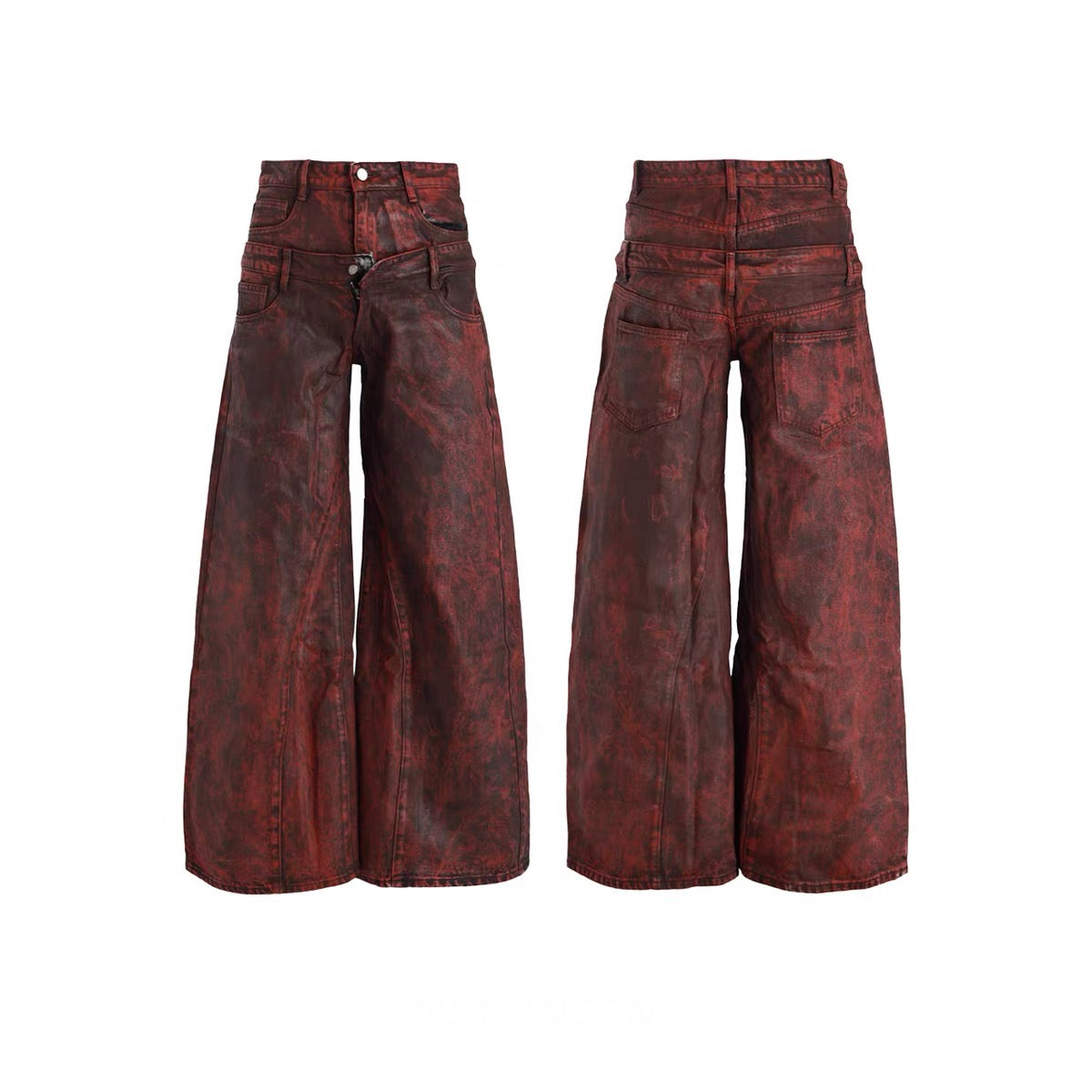 Front and back view of red acid-wash wide-leg jeans with double-waist layered waistband design