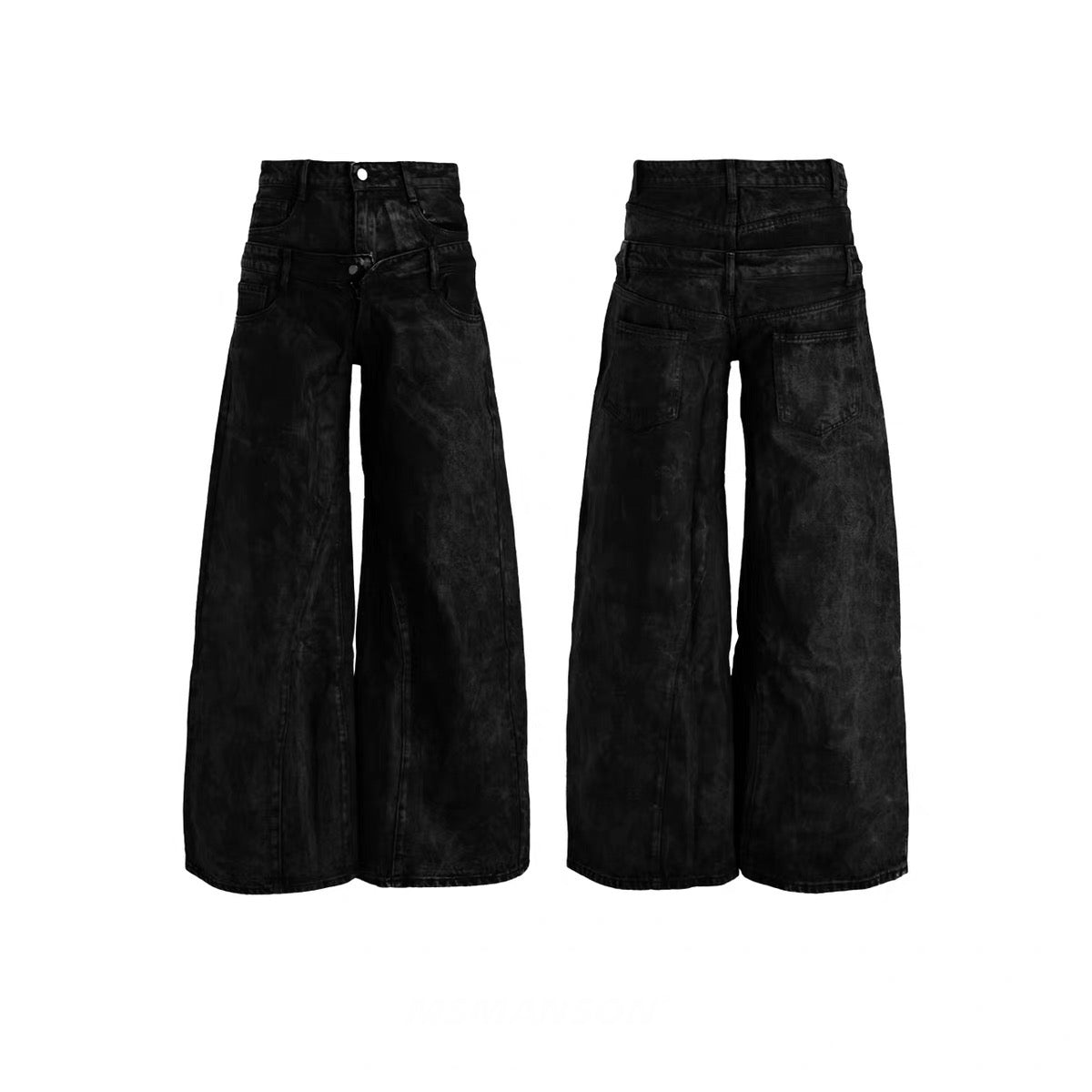 Front and back view of black washed wide-leg jeans with double layered waistband construction on white background