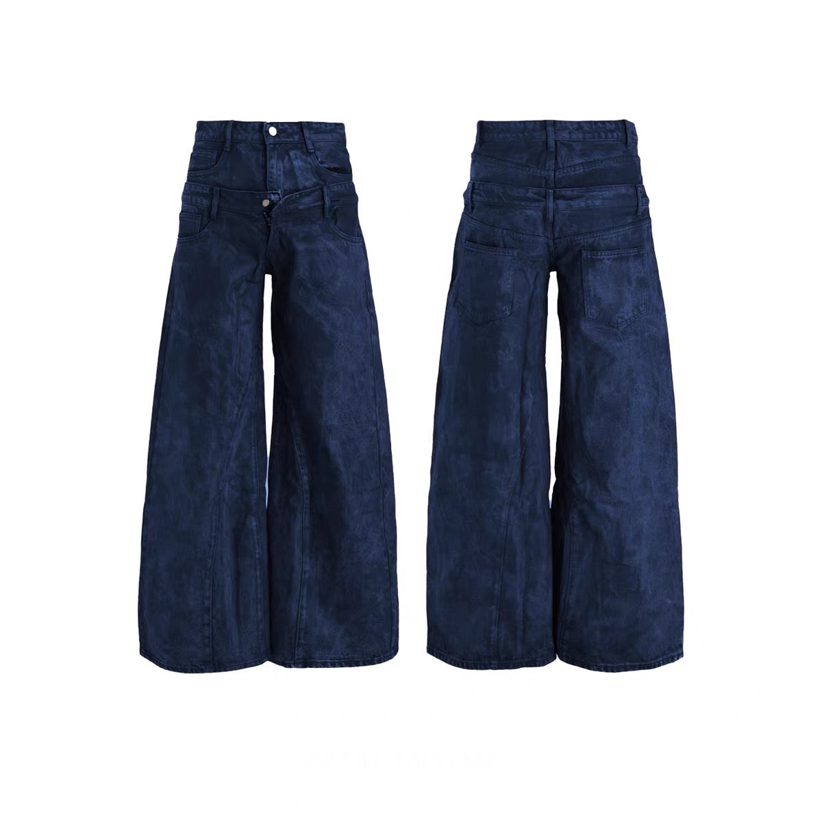 Front and back view of Omirad double-waist wide-leg jeans in deep indigo washed denim