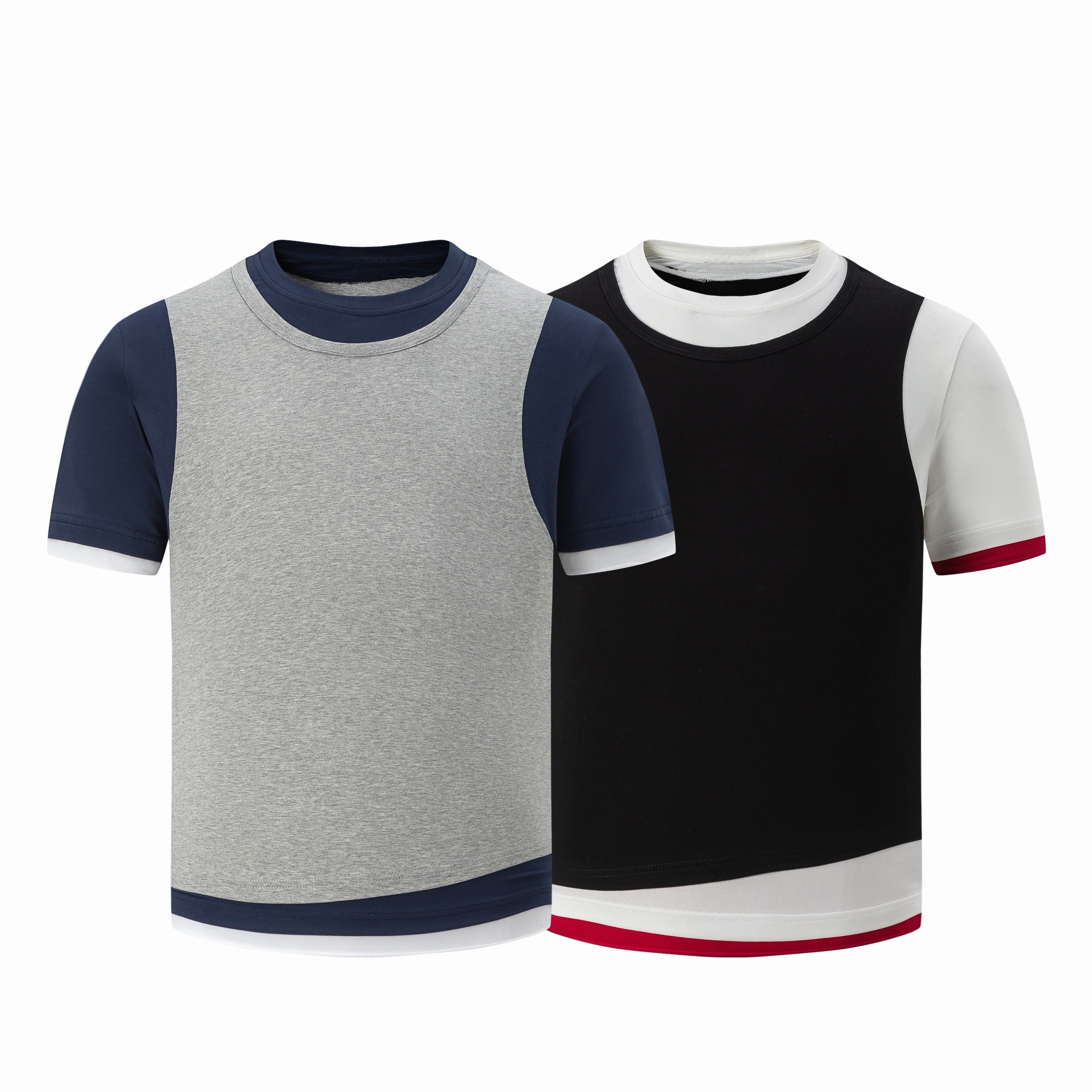 Two colorblock raglan T-shirts side by side — grey with navy sleeves and black with white sleeves and red trim accents