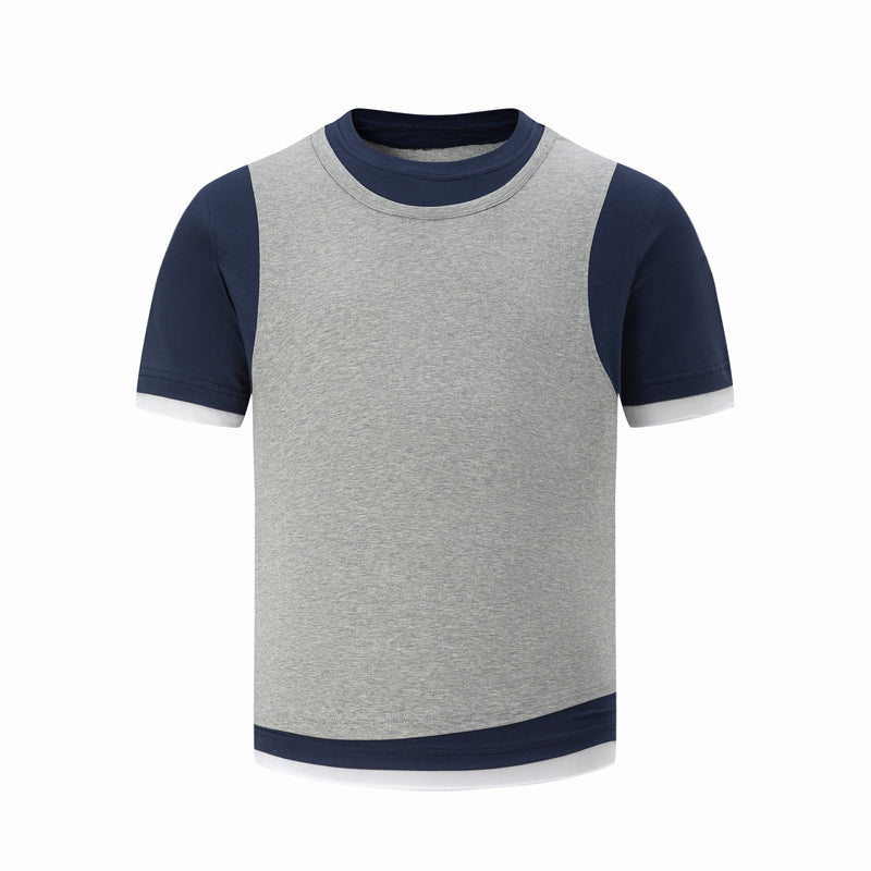 Gray colorblock raglan T-shirt with navy contrast sleeves and layered hem on a white background