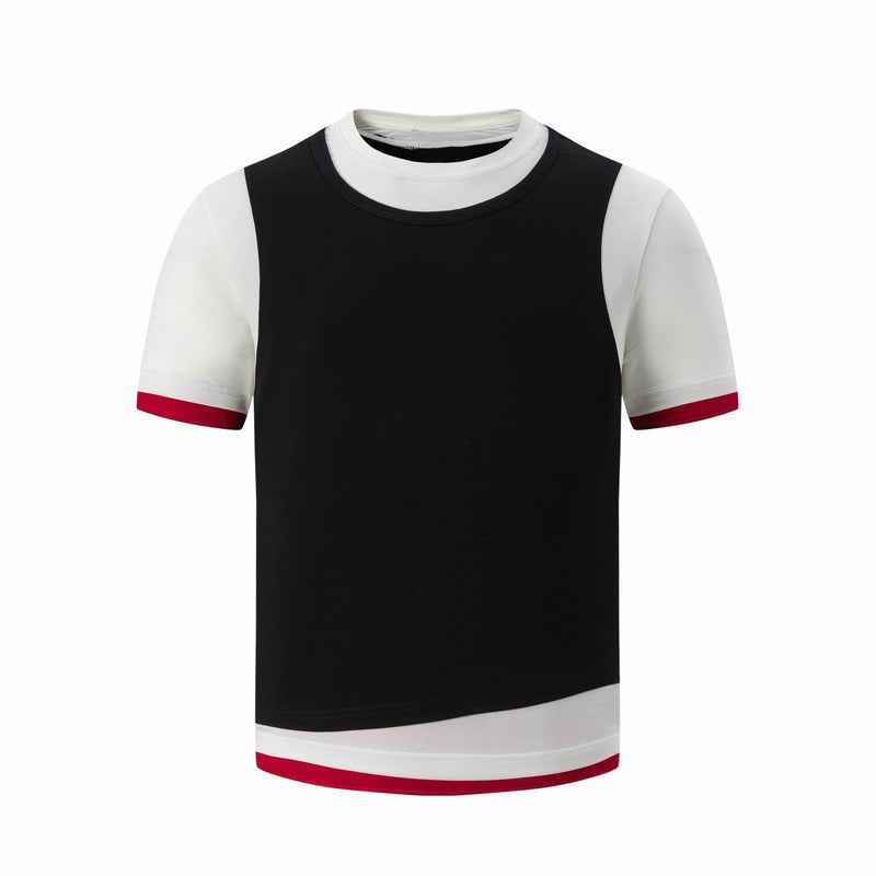 Black colorblock raglan T-shirt with white sleeves, red trim, and a curved layered hem on a white background