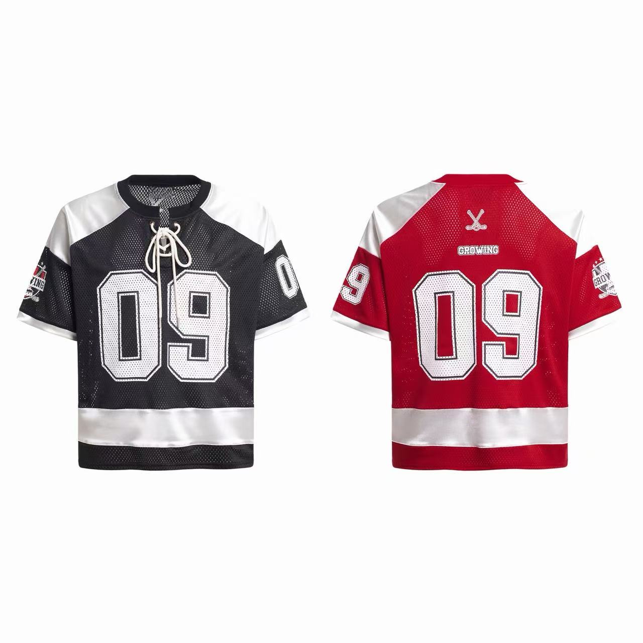 Front and back view of black and red varsity mesh hockey jersey t-shirts with number 09 graphic and lace-up neckline