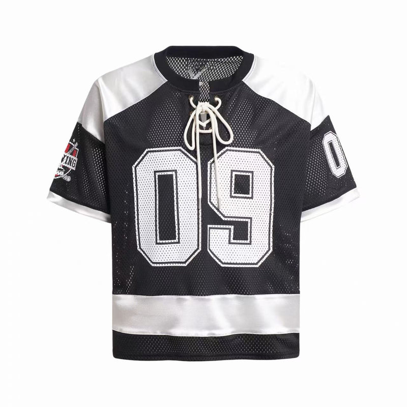 Black and white mesh hockey jersey T-shirt with lace-up collar and oversized number 09 graphic
