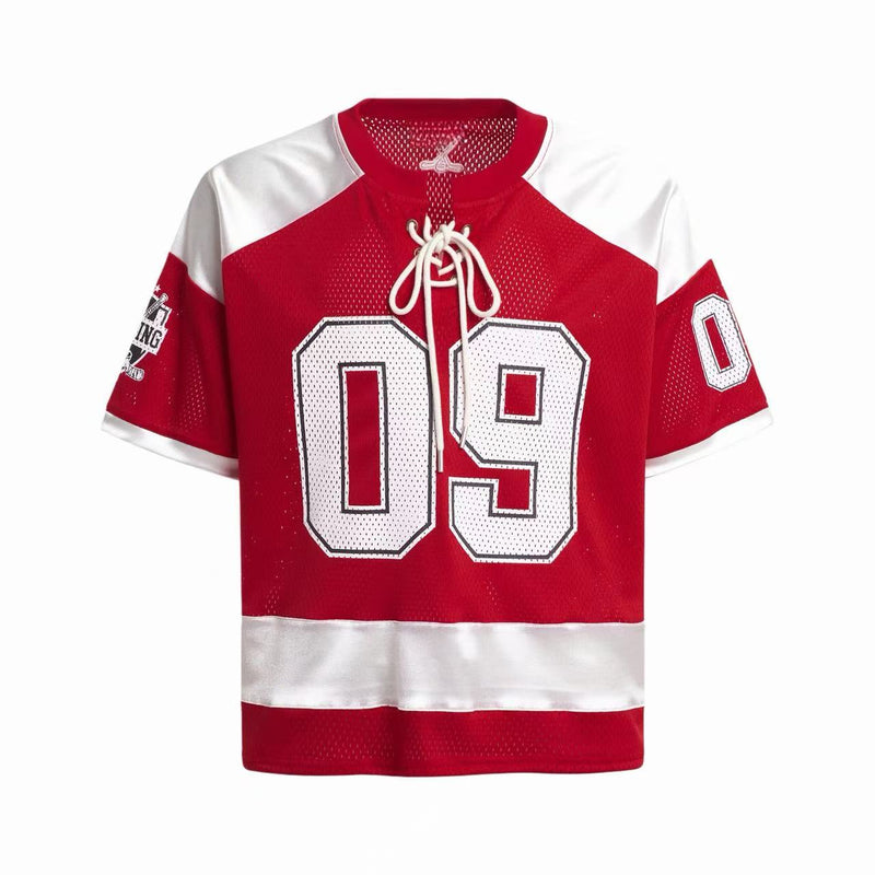 Red and white varsity mesh hockey jersey T-shirt with lace-up collar and number 09 streetwear design