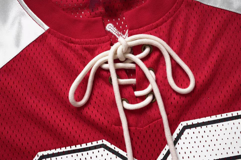 Red varsity mesh hockey jersey with white lace-up collar and number 09 streetwear styling