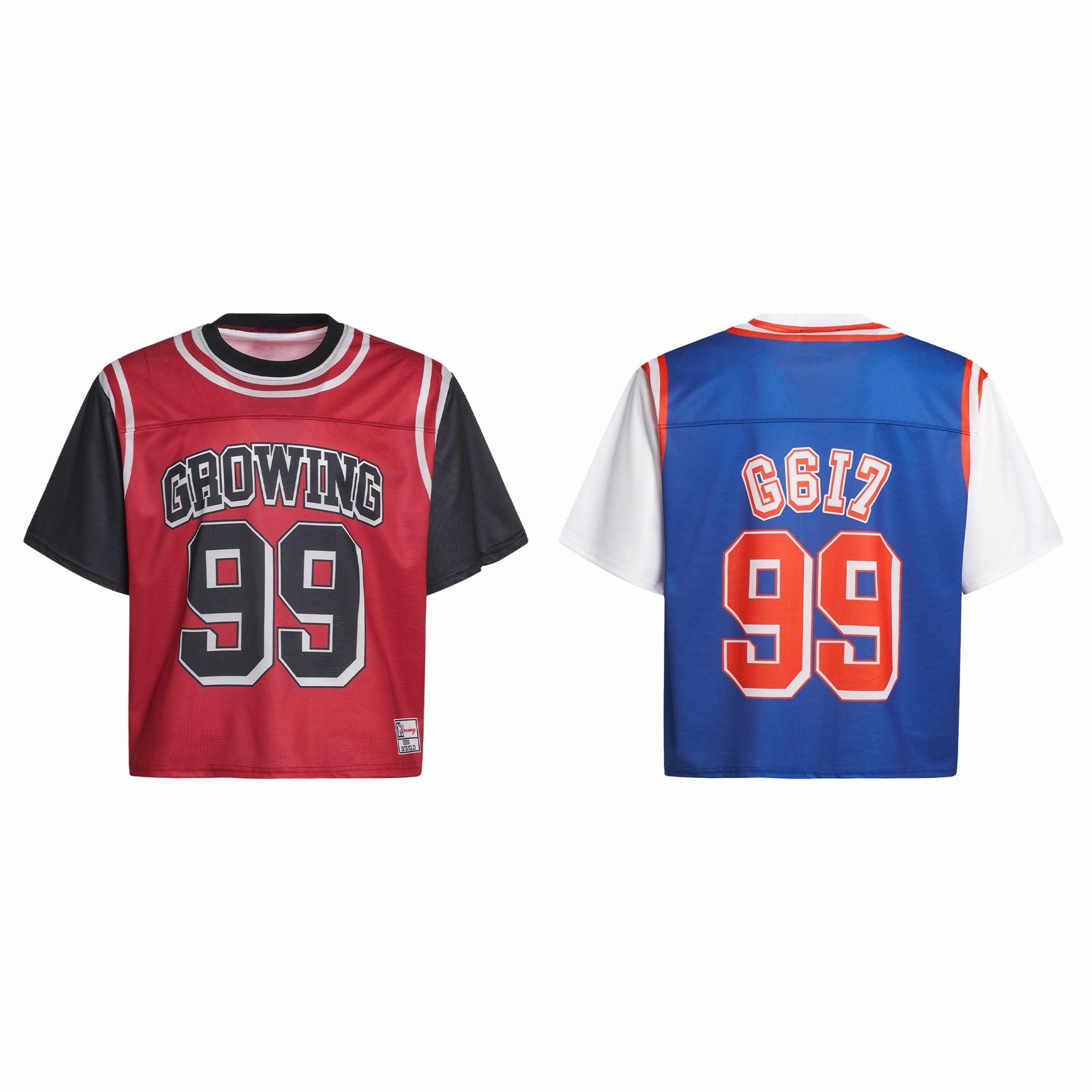 Front view of red and black Growing 99 varsity mesh crop jersey with bold number graphic and colorblock sleeves