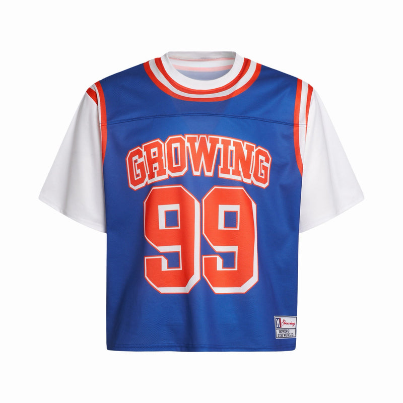 Blue varsity mesh crop jersey with white sleeves, orange trim, and bold Growing 99 graphic on front