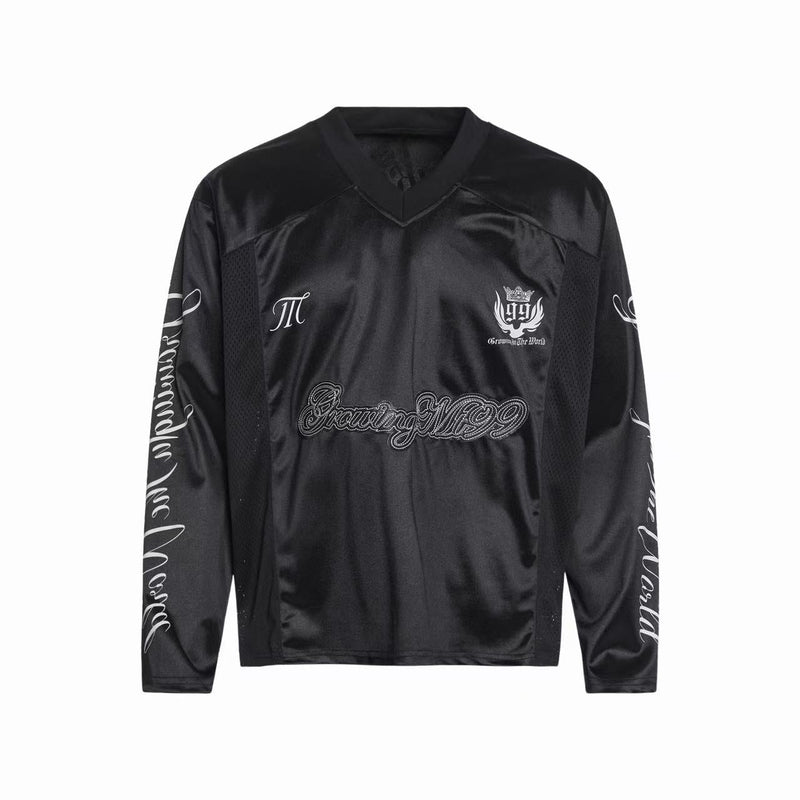 Black long sleeve varsity jersey with white chest graphics and script sleeves, front view