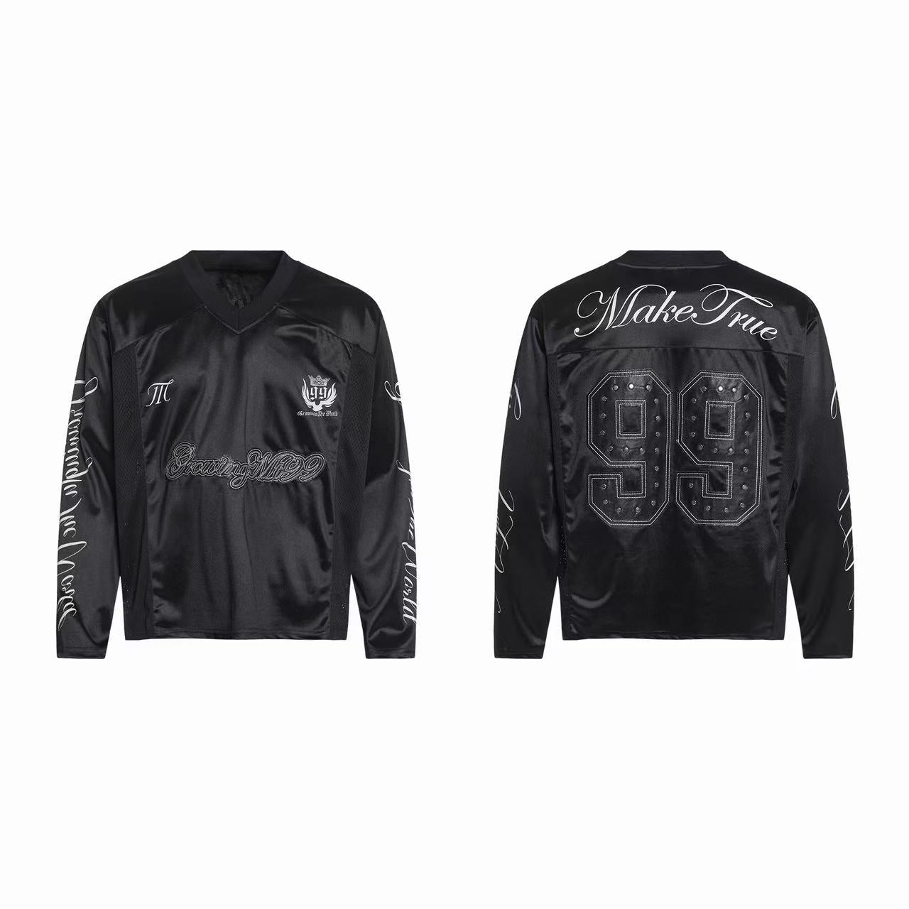 Black long sleeve varsity jersey with studded 99 back graphic and script lettering, front and back view