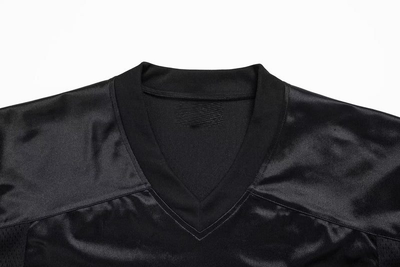 Close-up of black V-neck jersey collar with smooth satin-like fabric and stitched trim