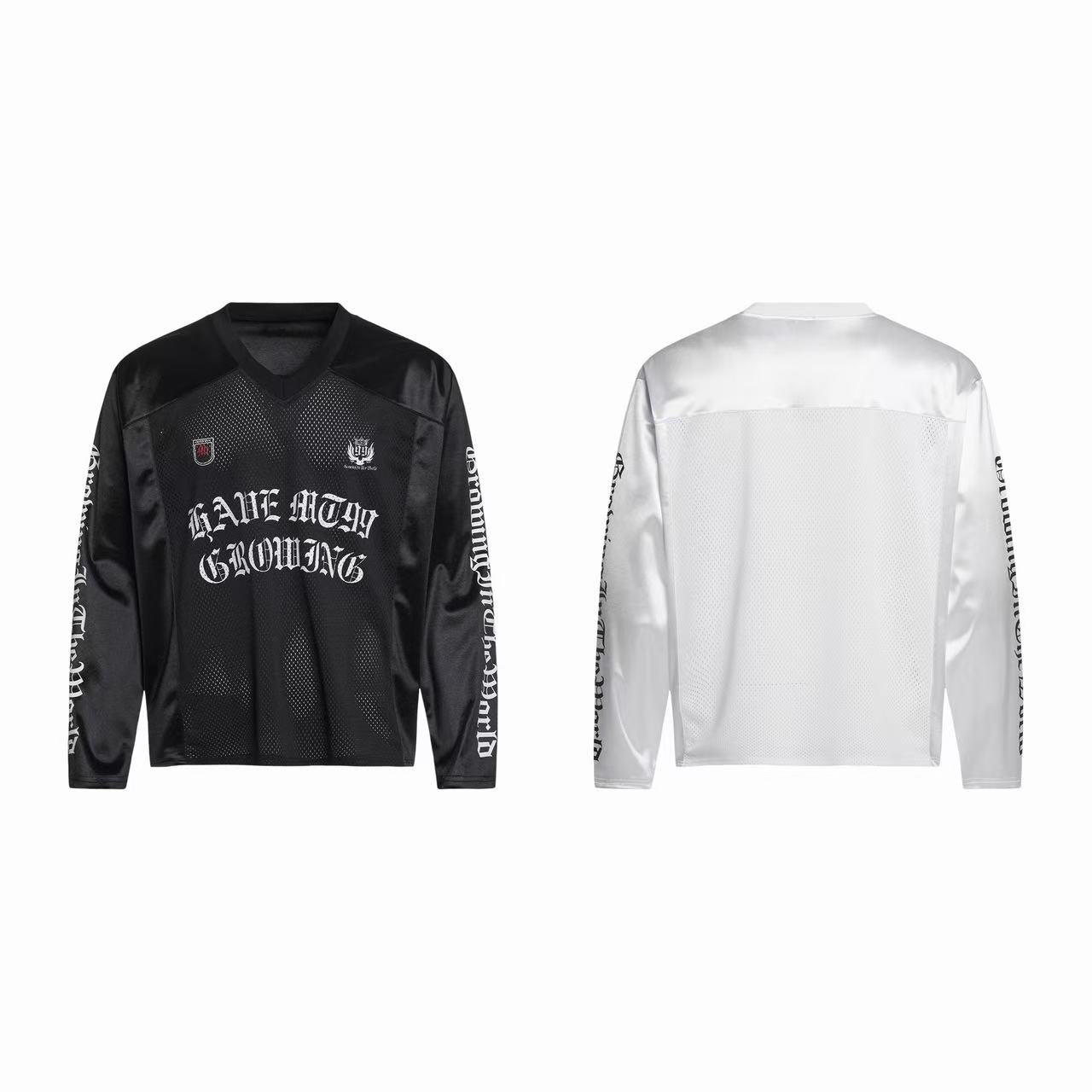 Black gothic mesh long sleeve jersey with old-English lettering on chest and gothic script along sleeves, front and back view