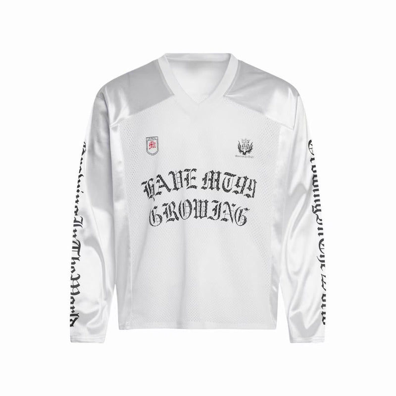 White long sleeve mesh jersey with gothic lettering and logo graphics on the front