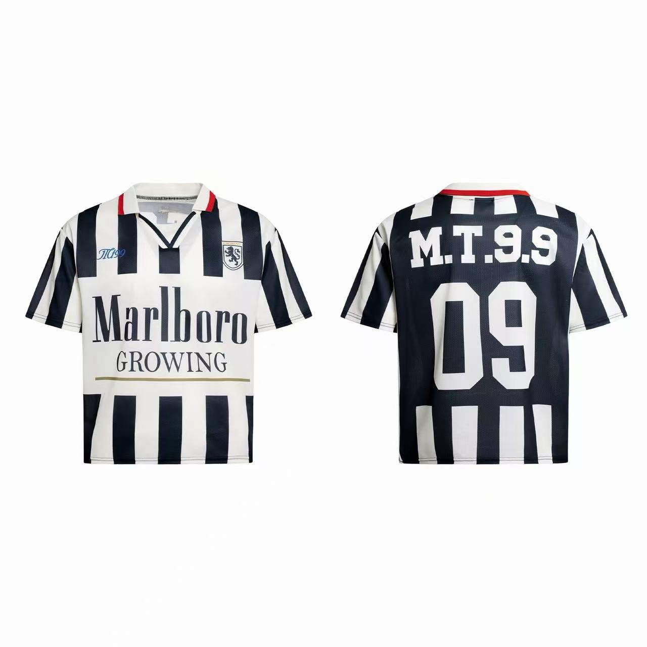 Front and back view of black and white vertical striped varsity soccer jersey with red collar and number 09