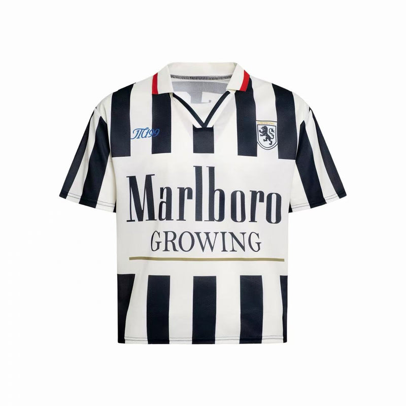 Retro striped varsity soccer jersey in black and white with Marlboro Growing logo and crest detail