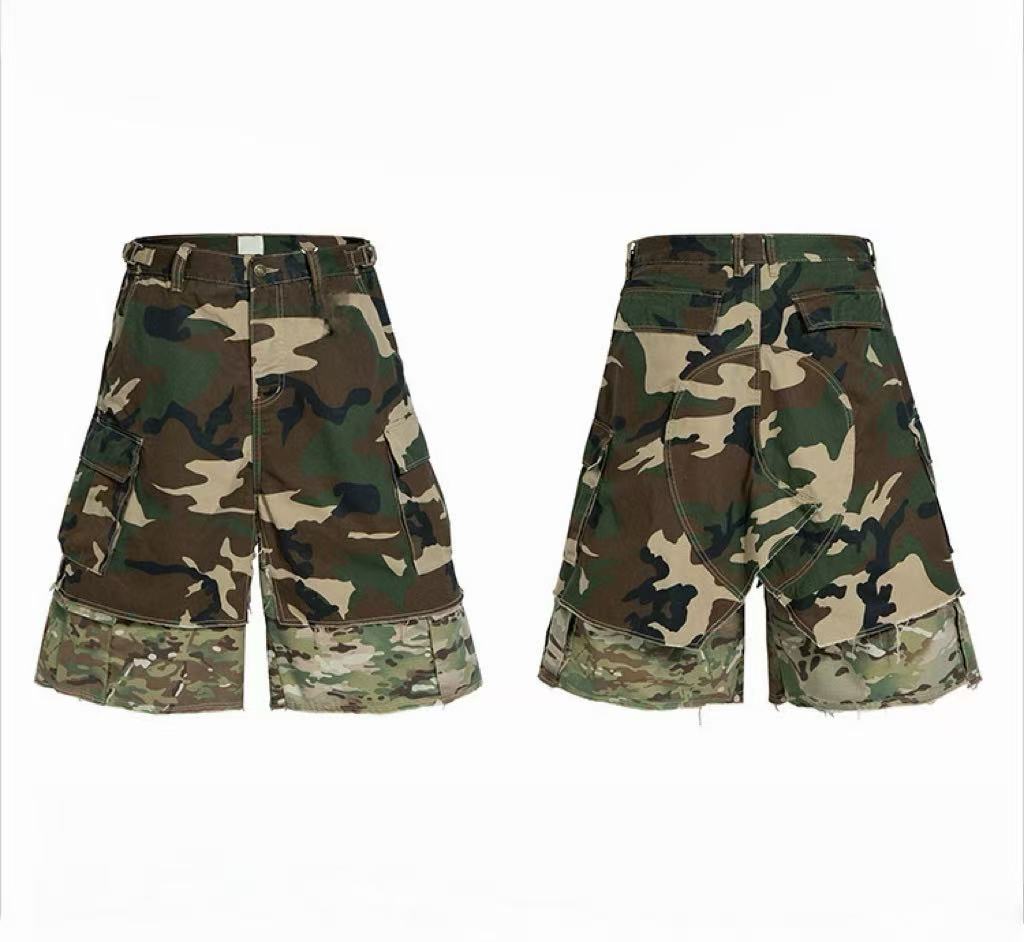 Front and back view of men's woodland patchwork camo cargo shorts with raw hem and dual camouflage panels