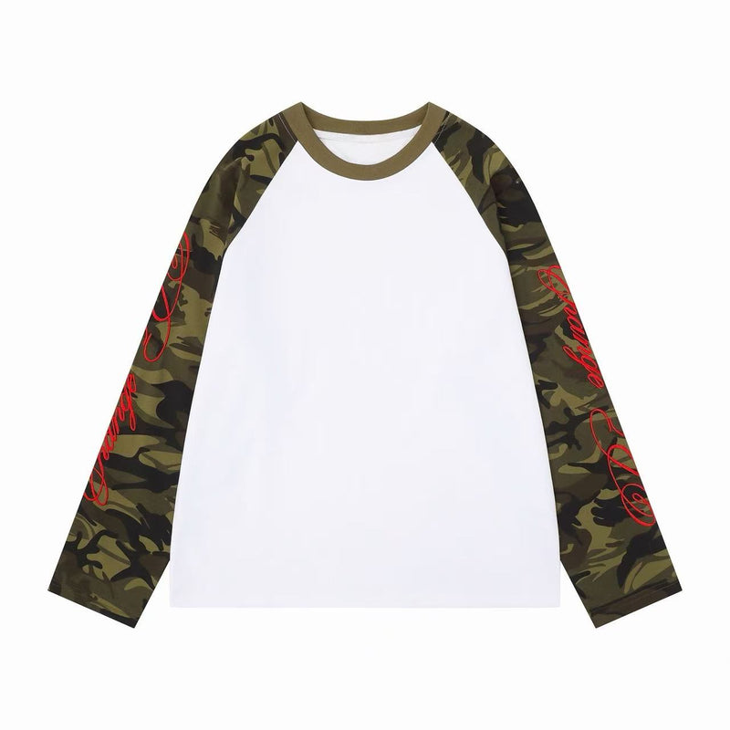 White raglan long sleeve tee with camouflage sleeves and red script on the arms, front view