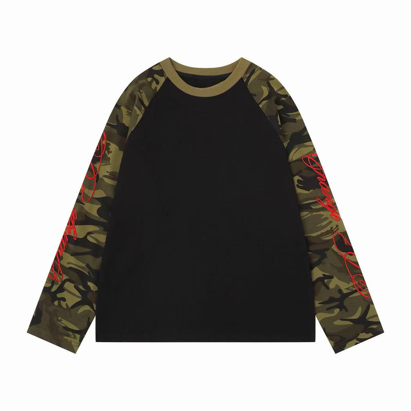 Black raglan long sleeve tee with camouflage sleeves and red script, front view