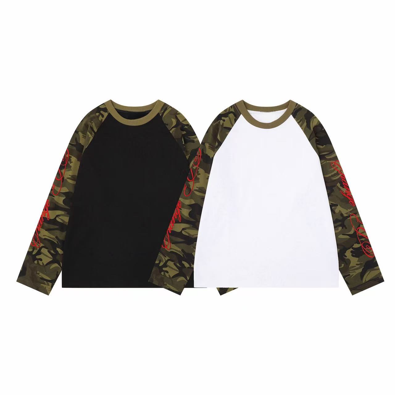 White and black camo raglan long sleeve tees with red script lettering on woodland camouflage sleeves