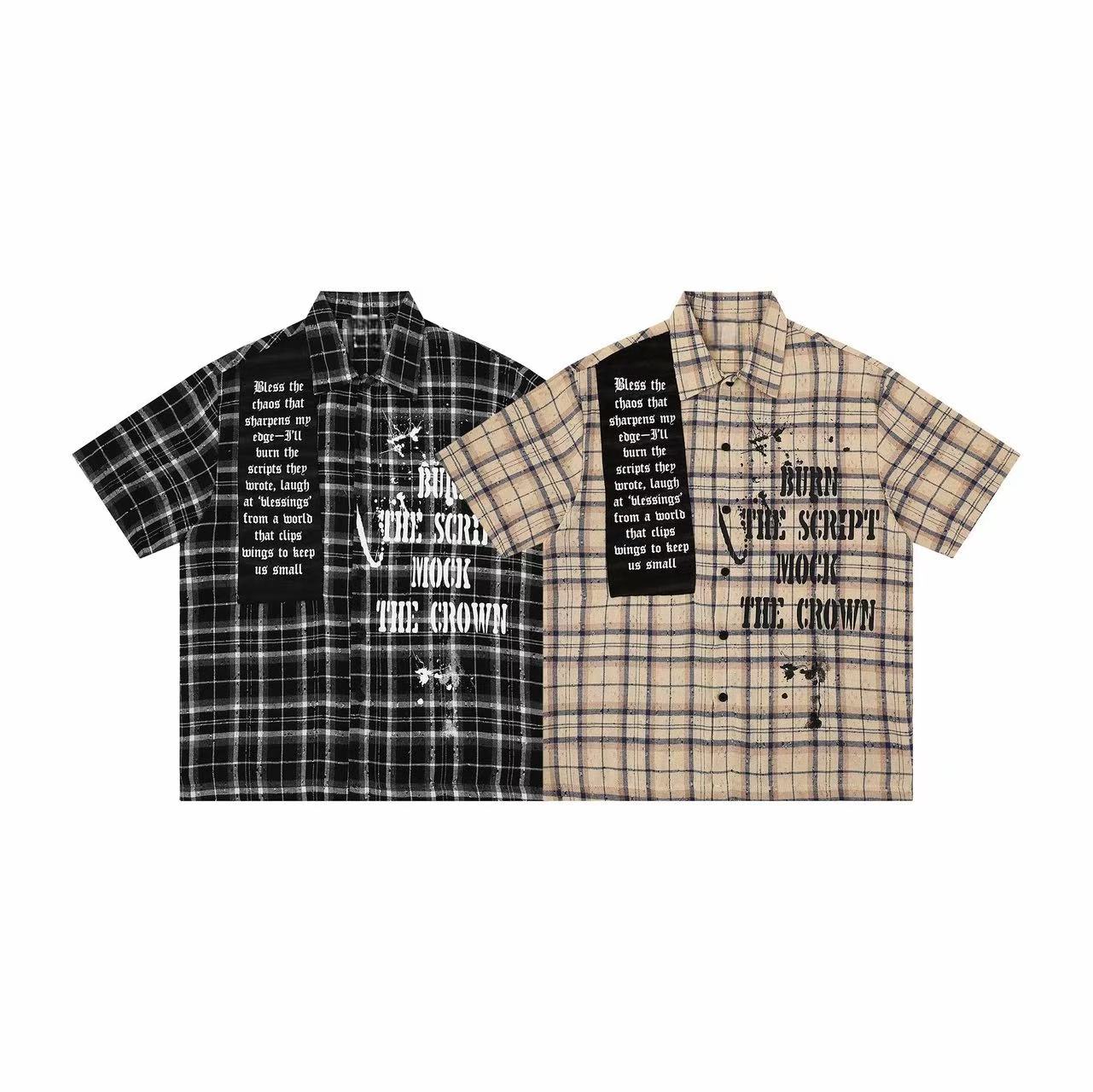 Omirad Burn The Script plaid shirt in beige with black patchwork panel and distressed gothic graphic print, laid flat on whit