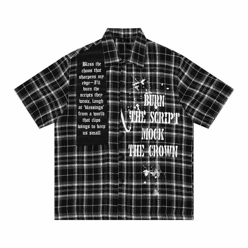 Black plaid streetwear shirt with gothic script and bold Burn The Script graphic print