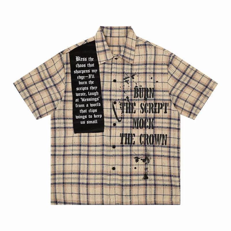Beige plaid short-sleeve streetwear shirt with black graphic text and distressed print details