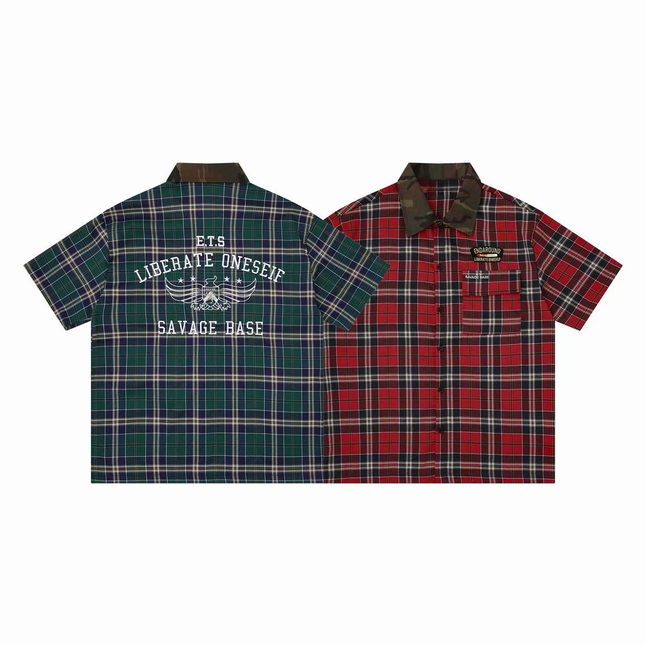 Omirad Savage Base plaid shirt front and back view in green and red tartan with camo collar and embroidered eagle graphic