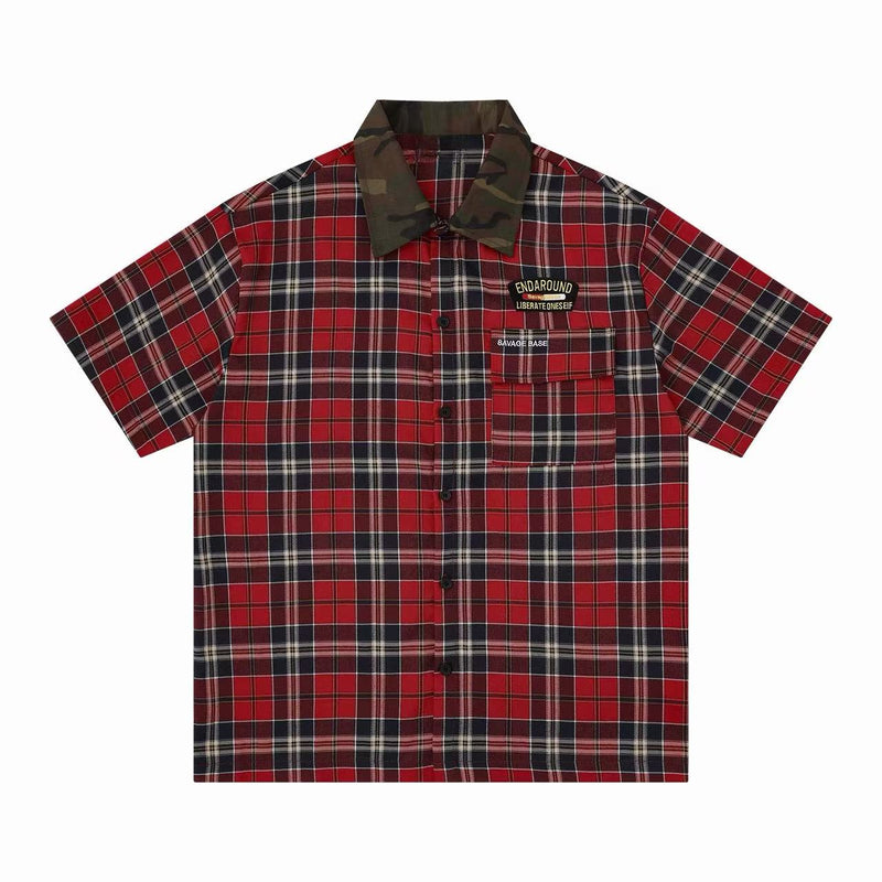 Red and black plaid short-sleeve shirt with camo collar, chest patch, and streetwear style