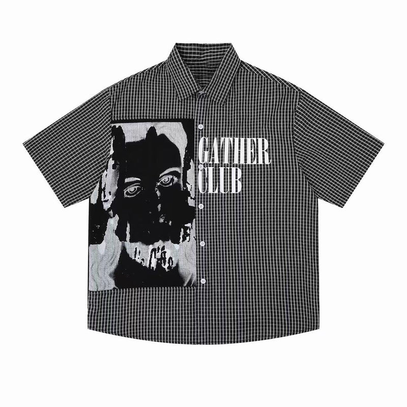 Black and white plaid short-sleeve button-up shirt with bold graphic print and Gather Club text