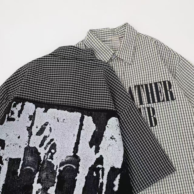 Two streetwear plaid button-up shirts with graphic prints, one black and one white, laid flat on a white background