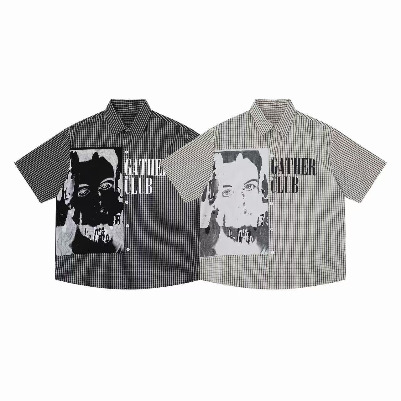 Two Omirad Gather Club graphic plaid shirts laid flat, dark charcoal and light grey colorways with bold portrait print