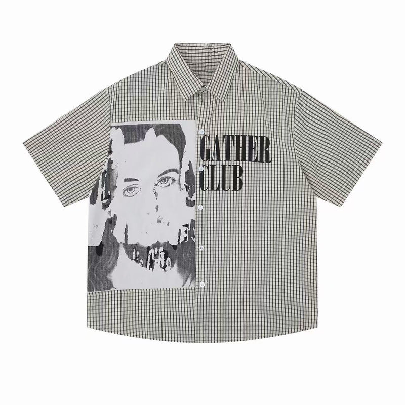 Short-sleeve plaid button-up shirt with graphic portrait print and Gather Club text, streetwear style