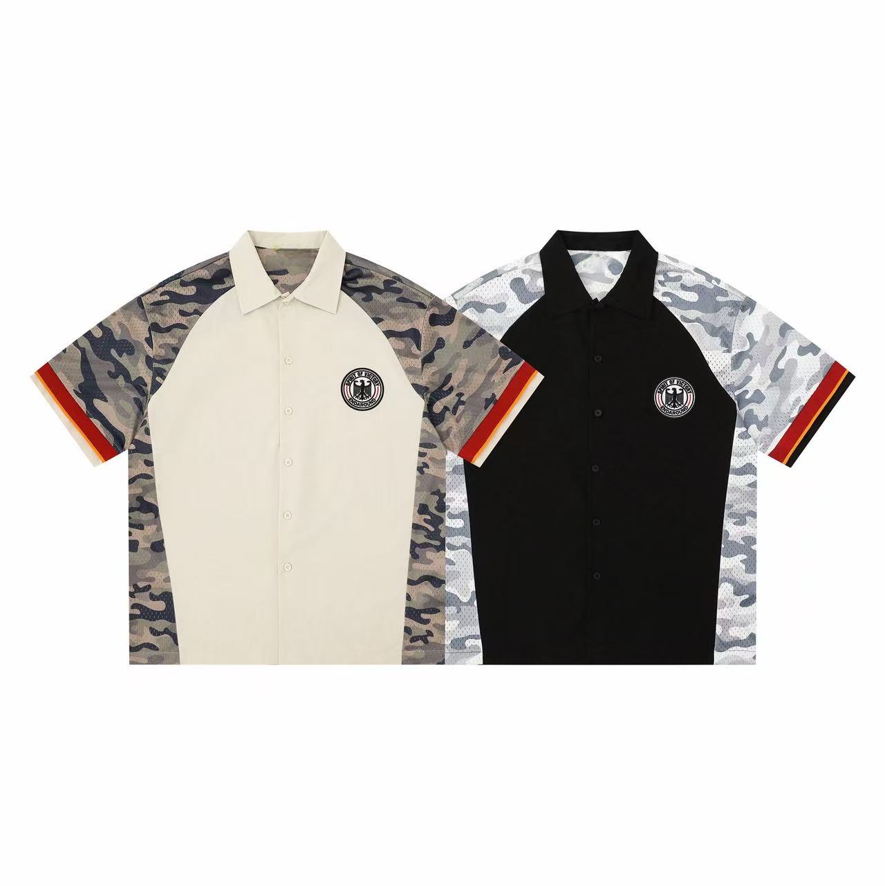Black button-up shirt with grey camo raglan sleeves, eagle crest chest patch, and red and gold stripe cuff detail