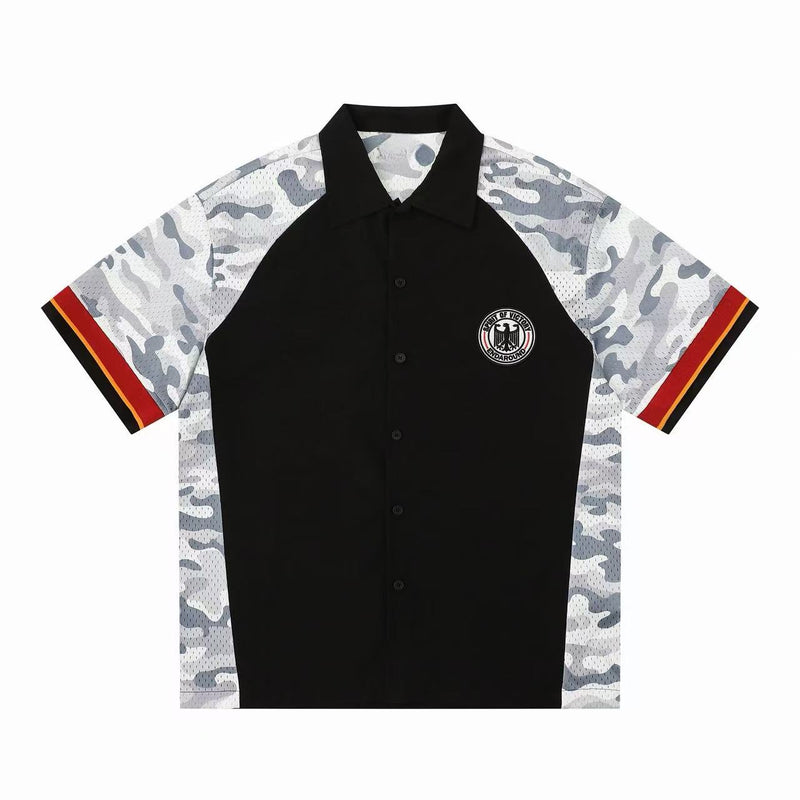 Black button-up shirt with gray camo sleeves, red stripe cuffs, and circular eagle patch on chest