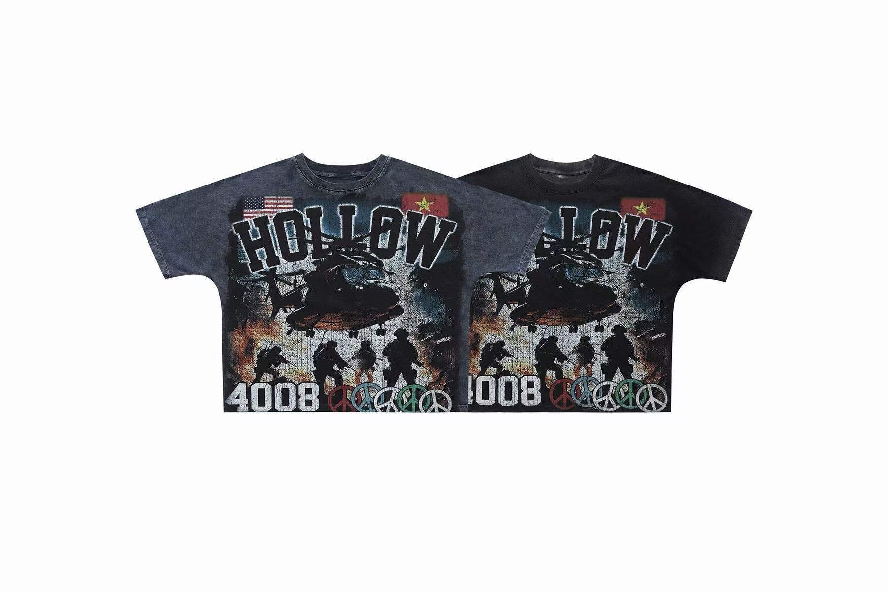 Omirad Hollow 4008 oversized graphic tee in black with vintage washed finish, helicopter combat print, and peace symbol detai