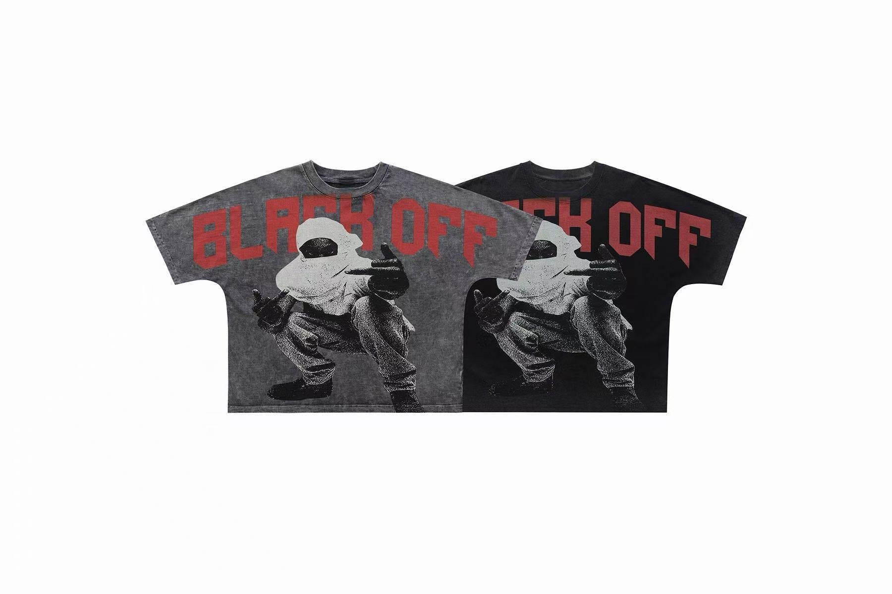 Flat lay of Omirad Black Off graphic tee in washed black with red block text and monochrome crouched figure print