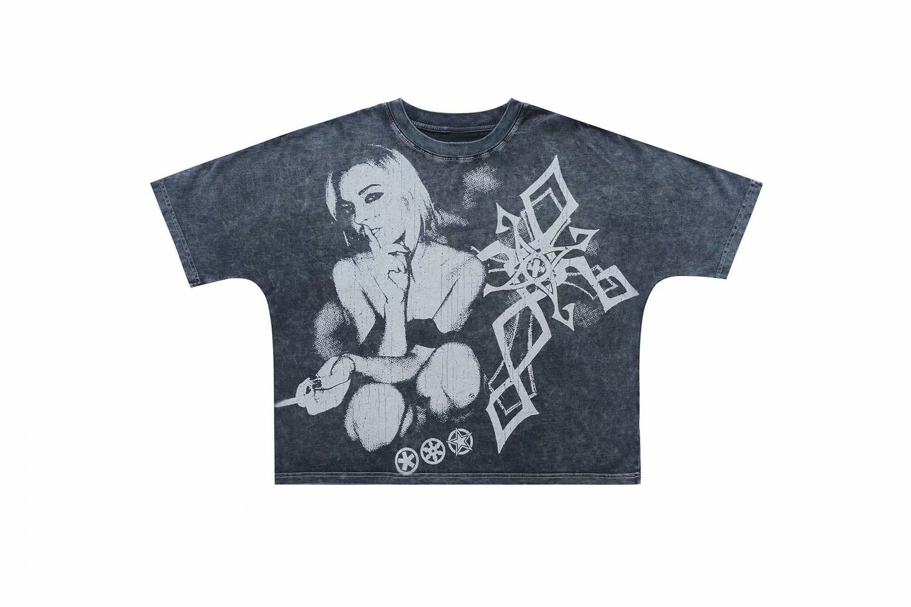 Omirad Silent Icon Vintage Washed Gothic Graphic T-Shirt