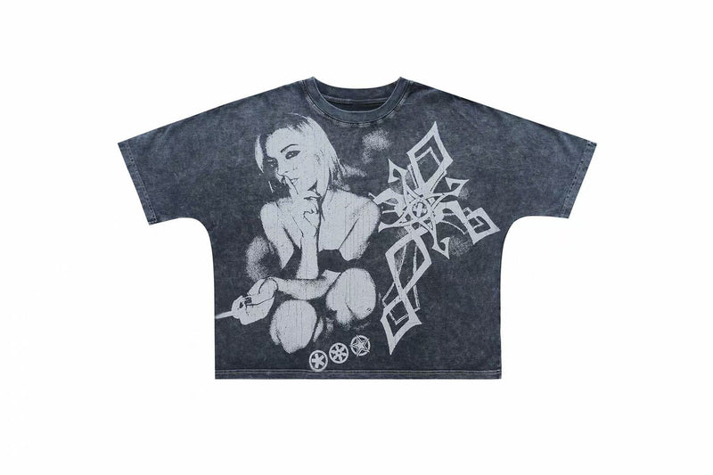 Vintage washed black graphic T-shirt with a monochrome gothic woman print and bold abstract symbol design