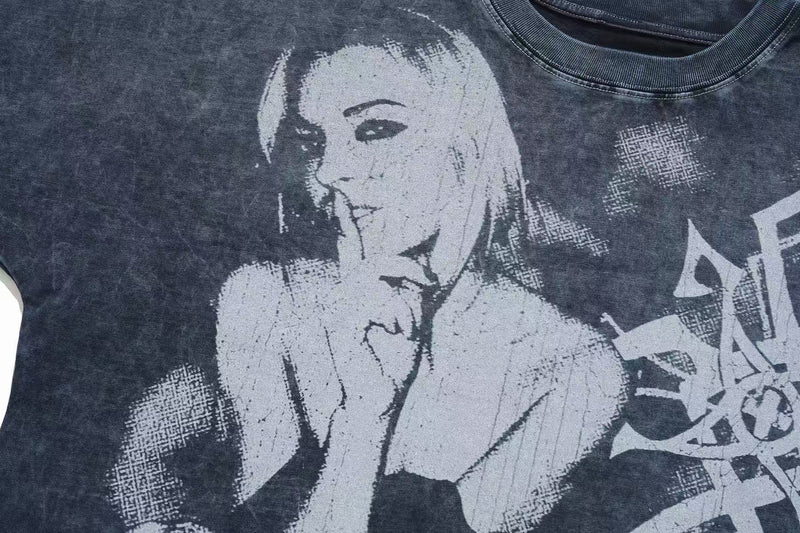Vintage washed black gothic T-shirt with distressed white woman graphic and bold gothic lettering