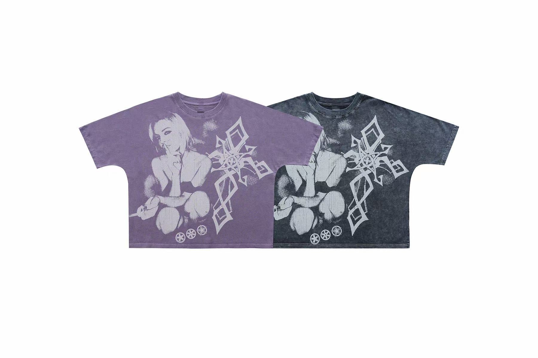 Omirad Silent Icon acid-washed charcoal grey crop tee with monochrome woman portrait and gothic cross graphic print