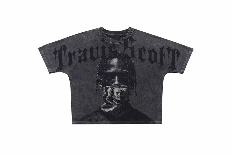 Vintage washed black gothic graphic T-shirt with bold silent wealth print and monochrome portrait design