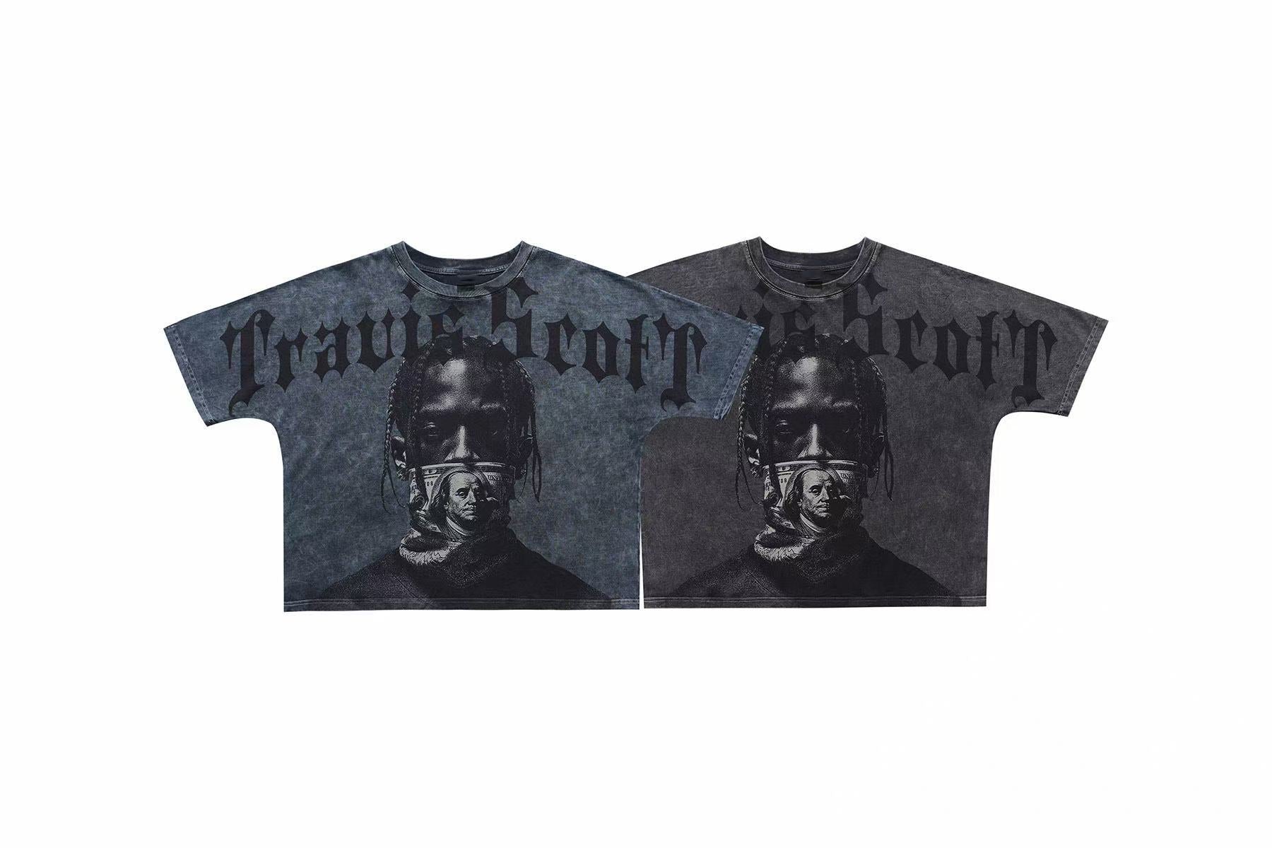 Omirad Silent Wealth graphic tee in dark charcoal vintage wash with gothic lettering and dollar bill mask portrait print