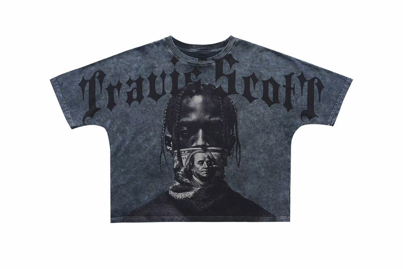 Vintage washed black gothic graphic T-shirt with oversized dark lettering and a bold portrait print on the front