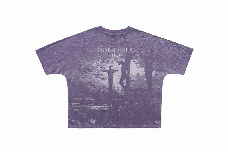 Vintage washed purple graphic tee with Doré Bible 1866 crucifixion print and distressed religious artwork