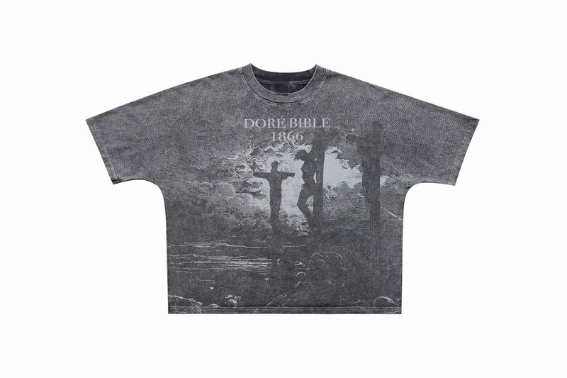 Vintage washed gray graphic tee with Doré Bible 1866 crucifixion artwork and distressed print, laid flat on white background