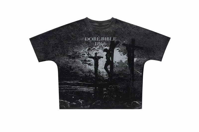 Vintage black graphic tee with Doré Bible 1866 crucifixion artwork and distressed washed texture